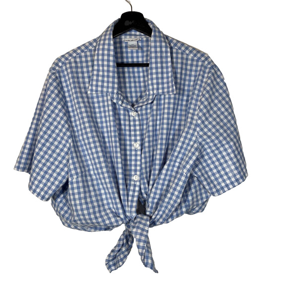 Blue White Gingham Button-Up Short Sleeve Shirt Checked Vintage Plus Size 24W - Picture 1 of 8